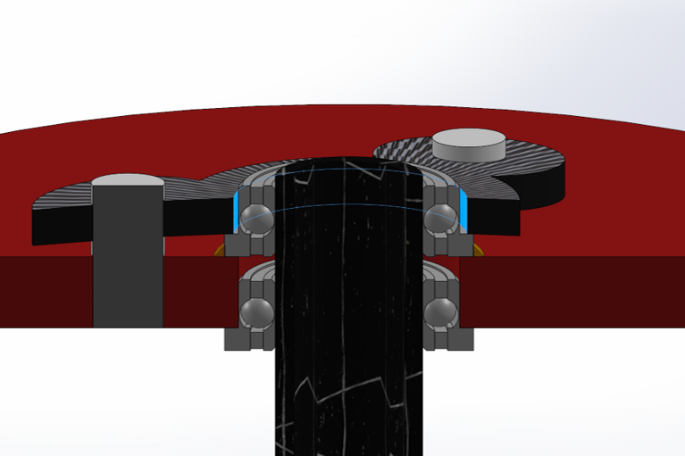 This is a realistic illustration of what I fabricated. The blue surface highlighted the gap between bearing and carbon fiber sheet. Note that the carbon fiber sheet deforms a little, because the pin is pushing it downward while the bearing flange is…